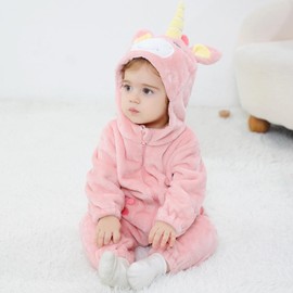 LOLANTA Toddler Rainbow Unicorn Costume Girls, Plush Hooded Romper for Baby, Pink, 12-18 Months, pink