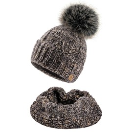 4sold Women's Knitted Hat Lined with Faux Fur Bobble Set Hat & Scarf Alpaca Wool Bobble Hat Pebble Pompom, Set Dark Brown