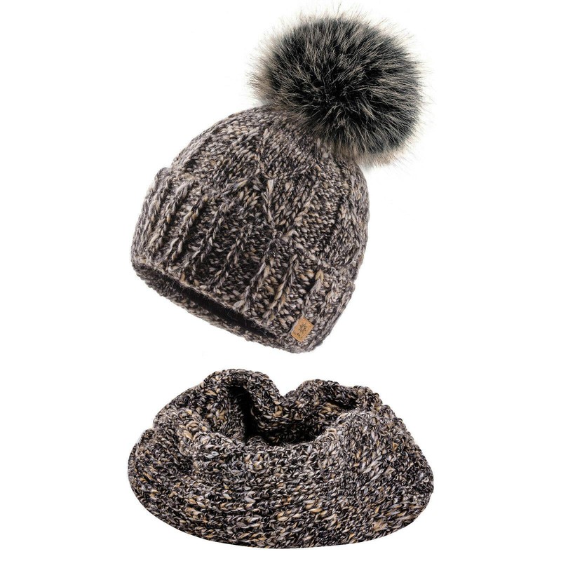 4sold Women's Knitted Hat Lined with Faux Fur Bobble Set