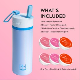 Vitapod Paris Hilton x Daily Wellness System - Botella de agua nacarada de 22 onzas en azul junto a la piscina y 6 cápsulas de mezcla de bebidas, incluye BEAUTY+, HYDRATION+ y ENERGY+ cápsulas