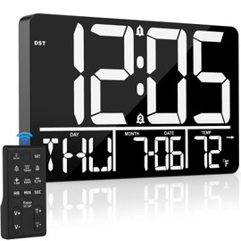 PERSUPER 13" Digital Wall Clock Large Display with Remote, 25 Ringtones, Temperature, Calendar, 0-100% Auto or Custom Brightness, 12/24H, DST, Timer, for Living Room, Kitchen, Bedroom, Office, Elderly