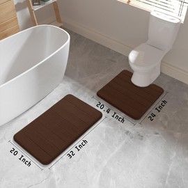 Yimobra Memory Foam Bath Mat Set, 2 Soft Rugs, 31.5x19.8 and 24x20.4 U-Shaped for Bathroom Rugs & Toilet Mats, Quick-Dry, Non-Slip, Thick, Brown