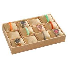 Kyodai Watch Tray with 12 Grids Jewelry Chests Solid Bracelets and Pendants Storage Display Holder with Adjustable Pillow Beige Box