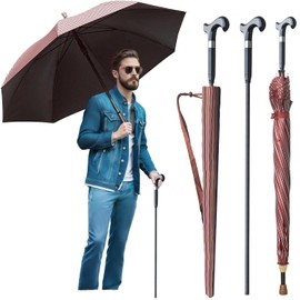 Walking Cane Umbrella for Taller, Heavy Duty Stick Umbrella with Longer Carbon Fiber Cane, Large Walking Stick Umbrella Crutch Umbrella - Ideal Gift for Night Hiking Rainy (Red Stripe Extra Long)