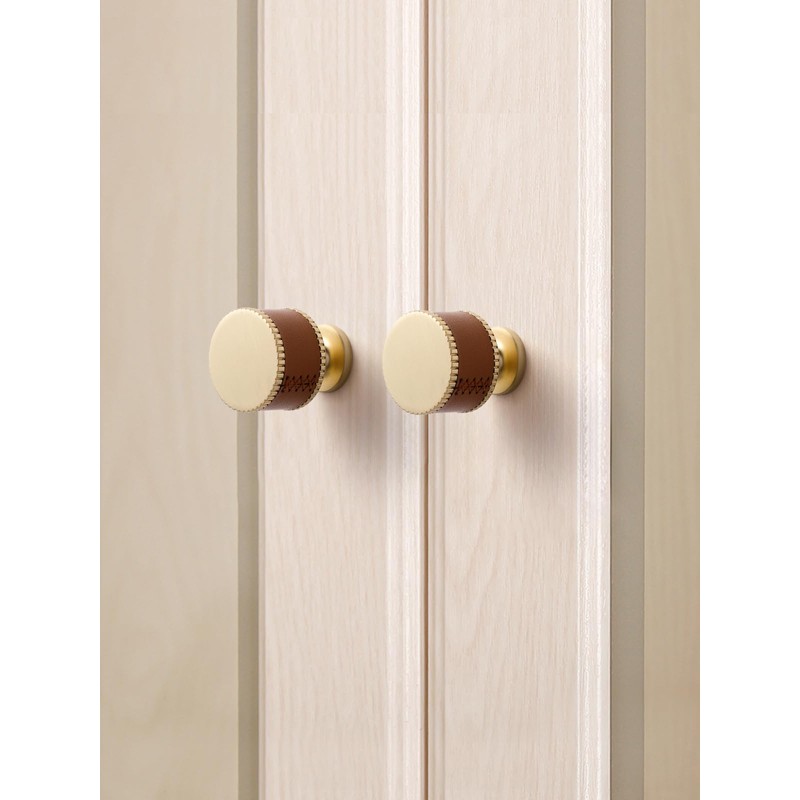 JIASENBAO Leather Drawer Pulls Round 5 Pack Gold Brown Leather