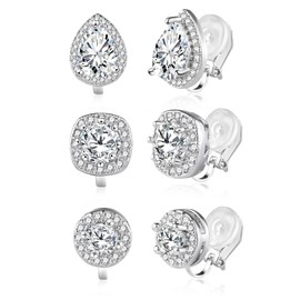 Silver Clip On Earrings for Men 3 Pairs Diamond Clip On Earrings Oval Round Square Cubic Zirconia Clip On Earrings Non Pierced for Women