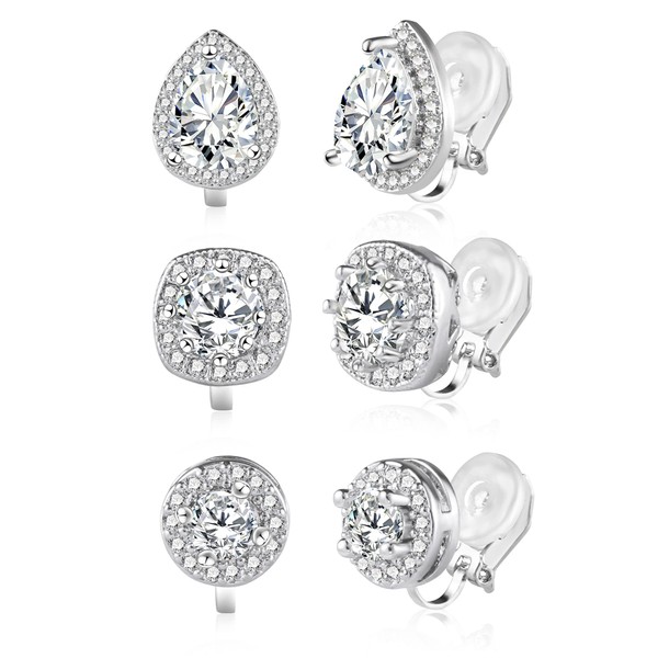 Silver Clip On Earrings for Men 3 Pairs Diamond Clip