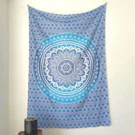 MOMOMUS Mandala Tapestry – Natural – 100% Cotton Aesthetic, Multipurpose – Wall Towel / Beach Towel XL – Wall Decoration Living Room Decoration Bedroom – Blue, 135 x 210 cm