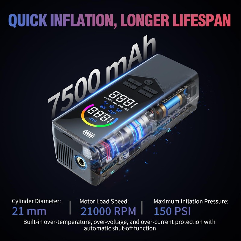 OCHYIT 7500mAh Tire Inflator Portable Air Compressor 150PSI Tire Air