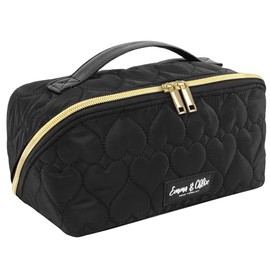 Emma & Chloe Compact Cosmetic Bag with Compartments | 6 Sections Waterproof Travel Toiletry Makeup Case for Women – 180° Easy Open Bag (Quilted Hearts)