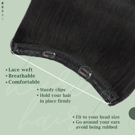 S-noilite Invisible Hair Extensions Human Hair Jet Black Wire Extensions Real Hair One Piece Fish Line 16 Inch 65g