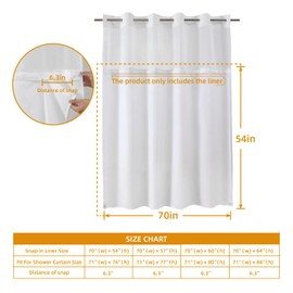 eachope 2 Pack Fabric Snap-in Shower Curtain Liner Replacement,Compatible with No Hook Shower Curtain with Snap in Liner, Removable & Water-Repellent,Machine Washable,53x60,White
