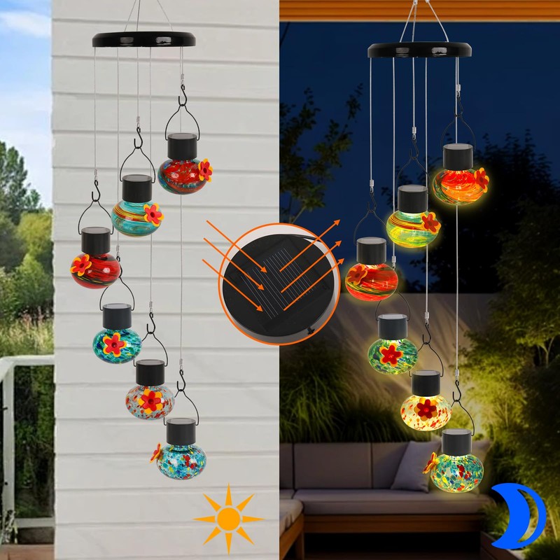 ‌Solar-Powered Hummingbird Feeder with Wind Chime Elegance – 6 Leak-Proof
