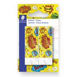 STAEDTLER Rasoplast 526 B Edition Eraser Set of 2 - Blue, Orange, Cartoon Design, Minimal Crumbling, Sliding Cover, Protective Changing Bag