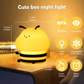 Soledun Bee Silicone Night Light – Squishy Animal LED Lamp with Dimmable Warm & RGB Color-Changing Modes, USB Rechargeable Touch Control, Portable Light with Timer for Kids’ Bedroom & Nursery Décor