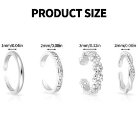 Mikovivi 4pcs Adjustable Toe Rings for Women, 4 Styles Non-Tarnish Diamond Flower Plain Open Toe Ring Beach Foot Jewelry for Women (Silver)