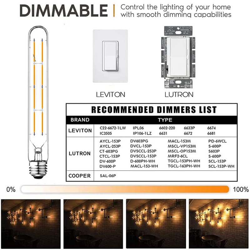 Dimmable 8W T10 LED Bulbs, Warm White 2700K, 8.9inch Long