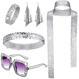 Sasylvia 5 Pcs 70s Disco Accessories Women Costume Jewelry Disco Earrings Sequin Scarf Sunglasses Diamond Bracelet Headband