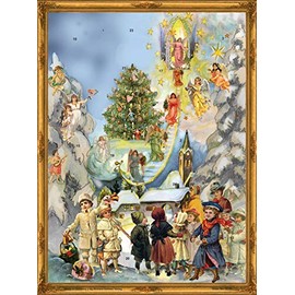 Large Advent Calendar 24 doors 355 x 260 mm - Victorian Snowscene Stairway to Heaven - with glitter and translucent windows - RS 70109 - traditional antique German Design