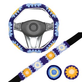 14-15in Crochet Steering Wheel Cover for Women, Handmade Sun Moon Seat Belt Covers, Boho Cute Car Accessories Fit Vehicles, Sedans, SUVs, Vans CSWCS (Wheel Cover Suit)