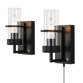 HOXIYA Dimmable Battery Operated Wall Sconce Set of Two, Whole Light Charing USB-c Rechargeable Wall Lamp, 8000mAh 60hrs Long Battery Life Powered Cordless No Wired Required, Clear Glass Shade Black