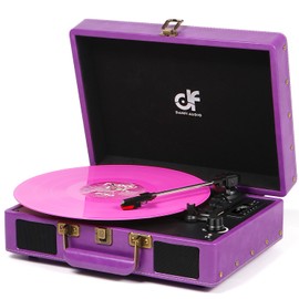 DANFI Audio Vintage Bluetooth Record Player, 3-Speed Turntable with Built-in Speakers, USB Vinyl to MP3 Recorder, RCA AUX and Headphone Jack, Portable Suitcase, Purple