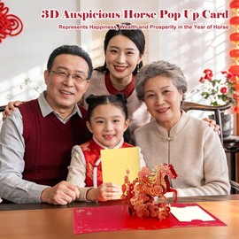 D24TIME 2026 Year of The Horse Chinese New Year Card, Unique 3D Pop Up Design – Handcrafted Spring Festival Lunar New Year Gifts for Family & Friends with Premium Envelope