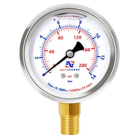 NexSphere 2-1/2" Liquid Filled Pressure Gauge, 0-200 PSI/0-14 Bar, 304 Stainless Steel Case, 1/4" NPT Lower Mount, Brass Connection, Manometer, IP67 Waterproof Air, Oil & Water Pressure Gauge
