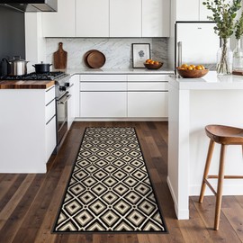 Bavni Hallway Runner Rug Machine Washable, 2x12 Non Slip Lightweight Washable Runners, Geometric Moroccan Checkered Rug for Entryway Laundry Kitchen Bathroom Corridor Bedside, Black Ivory