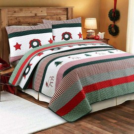 3 Piece Cabin Lodge Theme White Red Green Christmas Quilt King Size, Beautiful Star Tree Moose Pattern Whimsical Striped Rustic Bedding, Embroidered Reversible Stitched Warm Bedspread Set