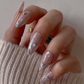 Dikixe Long Almond Nude Glossy Press On Nails with Painted Flames Lines, Acrylic Nails 24 Pcs Handmade Durable Salon Reusable Fake Nails with Strong Nail Adhesive Tabs for Women Girls