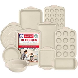 BAKKENMASTER 10-Piece Nonstick Bakeware Set – Heavy-Duty Carbon Steel Pans with White Silicone Handles, White Marble Coating, Oven Safe to 450°F, PFOA/PFOS/PTFE-Free, Dishwasher Safe