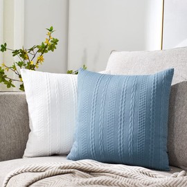 Booque Valley Pack of 2 Decorative Throw Pillow Covers, Ultra Soft Modern Braid Patterned Square Cushion Covers Giant Stretchy Pillow Cases for Sofa Couch Bedroom(22 x 22 inch, White)