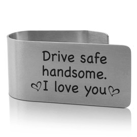 XQLZY Drive Safe Handsome I Love You Engraved Stainless Steel Car Visor Clip, New Driver Gifts, Funny Father's Day Birthday Anniversary Car Accessories for Couple Husband Dad Men, Drive Safe Gifts