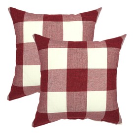 YOUR SMILE Christmas Retro Farmhouse Buffalo Tartan Chequer Plaid Cotton Linen Decorative Throw Pillow Case Cushion Cover Pillowcase for Sofa,Set of 2 (Red, 18''x18'')