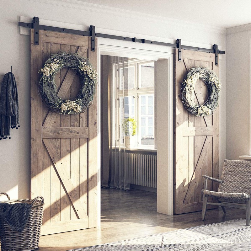 SMARTSTANDARD 10FT Double Barn Door Hardware Kit, Sliding Door Track-Smoothly