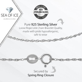 SEA OF ICE Sterling Silver 1mm Loose Rope Link Chain Bracelet For Women, Size 7.25"