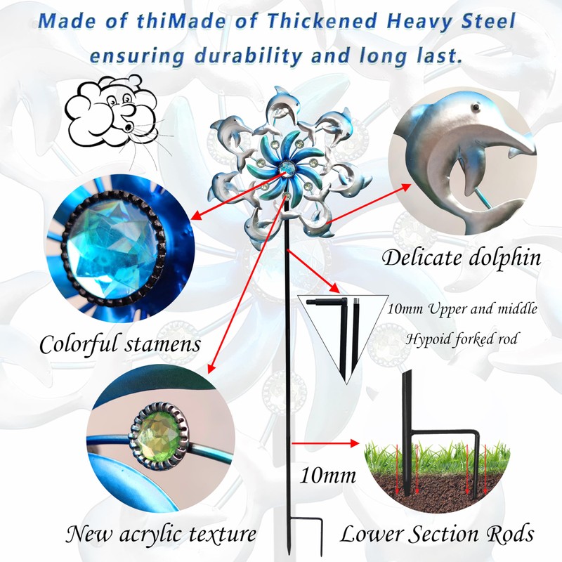 39" Dolphin Wind Spinners Metal Windmill Garden Stake,Ocean Theme Outdoor
