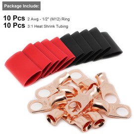 TKDMR 10pcs 2 AWG-1/2" Battery Lugs,with 10pcs 3:1 Heat Shrink Tubing,Battery Cable Ends,Heavy Duty Copper Wire Lugs,Tubular Ring Terminals,AWG Crimp Wire Ring Lugs,Battery Terminal Connectors