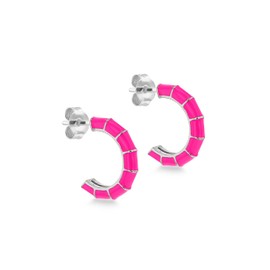 Tuscany Silver Women's Sterling Silver Rhodium Plated 3mm x 16.5mm Pink Enamel Half-Hoop Stud Earrings