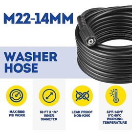 ikaufen Flexible Pressure Washer Extension Hose 50 FT 1/4", M22 Power Washer Hose Anti Kink,Hot & Cold Water Max 140°F,3200PSI