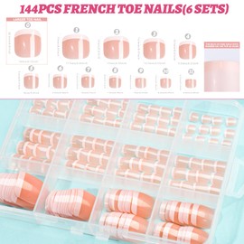 Teenitor 144pcs French Tip Press on Toenails with Nail Glue Set, 6 Sets Toe Nail Press Ons for Women, Fake Toe Nails Press on Toes Nails Glue on, Fake Toenails