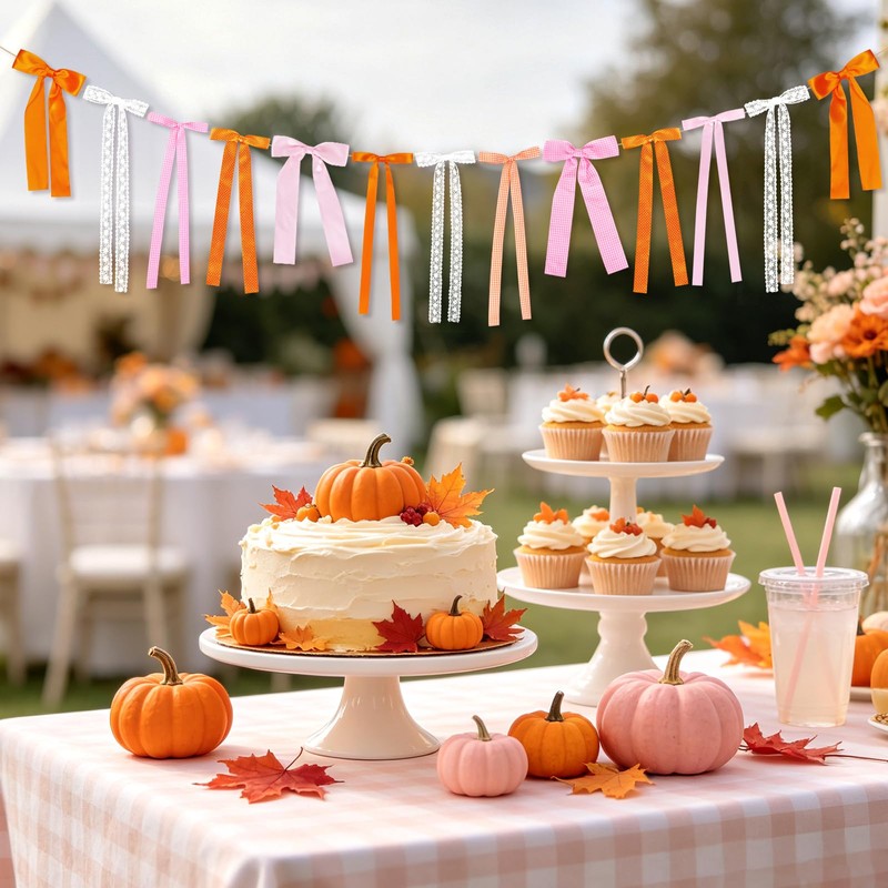 Pink and Orange Fall Bow Garland, Thanksgiving Fall Mantel Bows