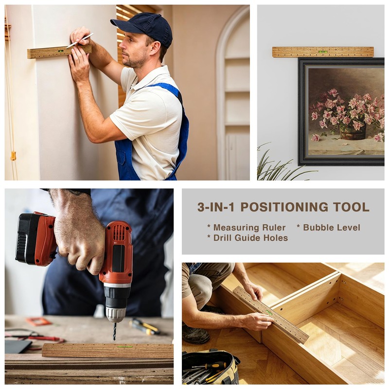 Picture Hanging Tool, 16 Inch Wood Level Ruler for DIY