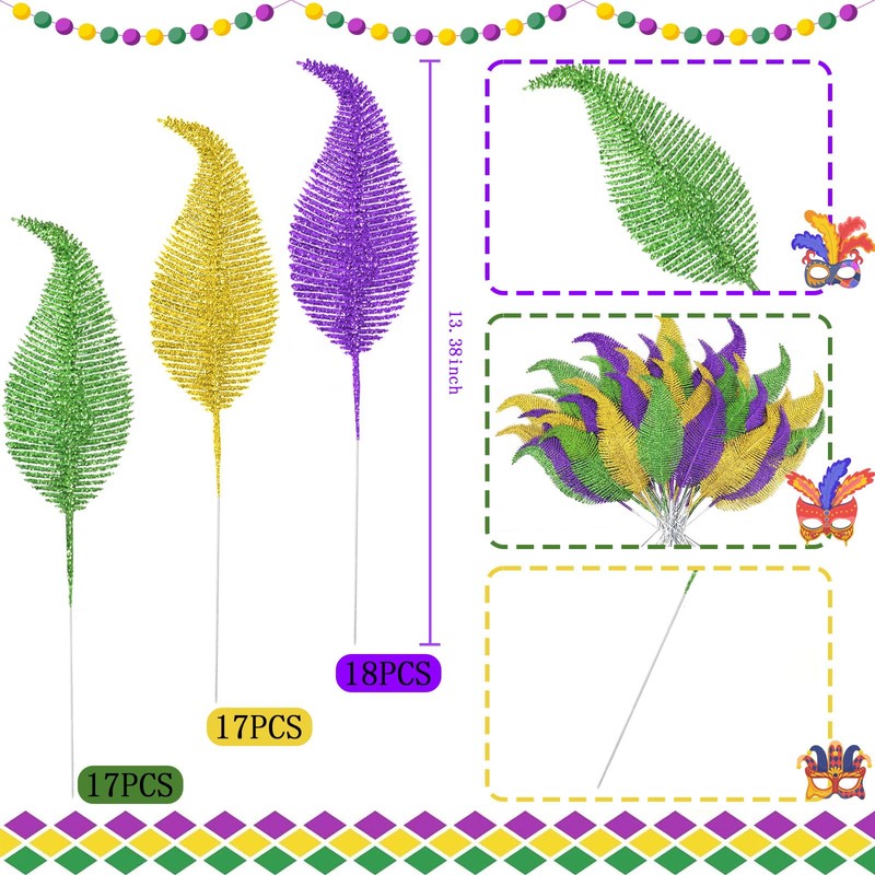 Yen Jean 52Pcs Mardi Gras Feathers Leaves Decorations - Green