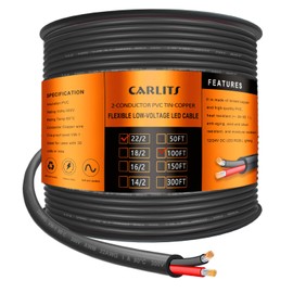 CARLITS 22 Gauge 2 Conductor Electrical Wire, 100FT Black Stranded Low Voltage 22/2 Cable PVC Case, Flexible Extension Power Cord for LED Lamp, Automotive, Boat, Electronic