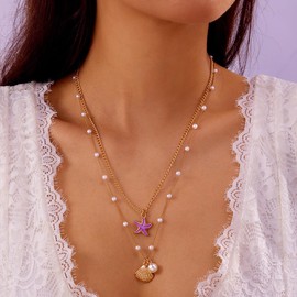 Boho Layered Pearl Seashell Necklace for Women Dainty Long Layering Pearls Starfish Choker Star Shell Statement Necklaces Trendy Beach Vacation Jewelry (Gold-2)