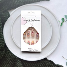 Spring Press on Nails Medium Coffin Fake Nails Cute Pink False Nails with Colorful Flower Butterfly Designs Glossy Floral Glue on Nails Spring Summer Full Cover Artificial Nails for Women Manicure