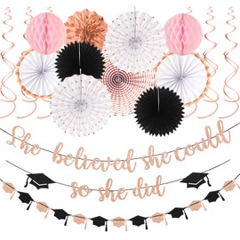 Rose-Gold Pink Black 2025 Graduation Party-Decorations - 18pcs Kit Congratulations Grad Banner-Streamers,She Believed She Could So She Did Garland,Paper Tissue Pom Poms Fan,Honeycomb Lanterns Panduola