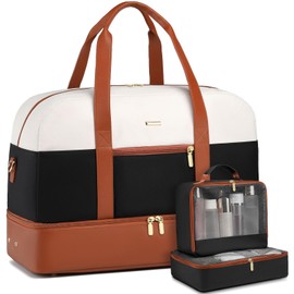 Travel Duffle Weekender Bag Women: Large Carry on Bags with Shoe Compartment Overnight Weekend Duffel Bag Womens Mom Hospital Gym Travel Bags for Labor and Delivery White-Black-Brown